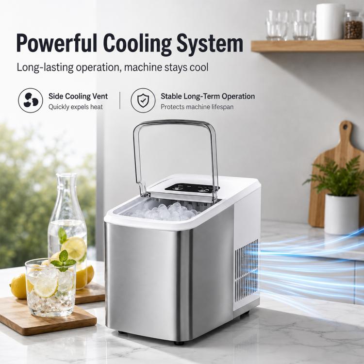 Small bullet ice maker with stainless body, ice basket filled with bullet ice
