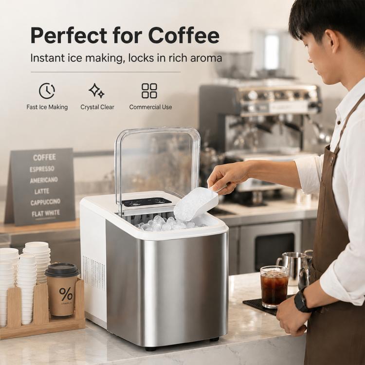 Small bullet ice maker with stainless body, scoop holding ice for coffee