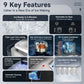 Compact countertop ice maker infographic with ice-ready and automatic cleaning functions.