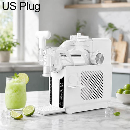 White automatic shaved ice machine with US plug, clear ice chute and side controls