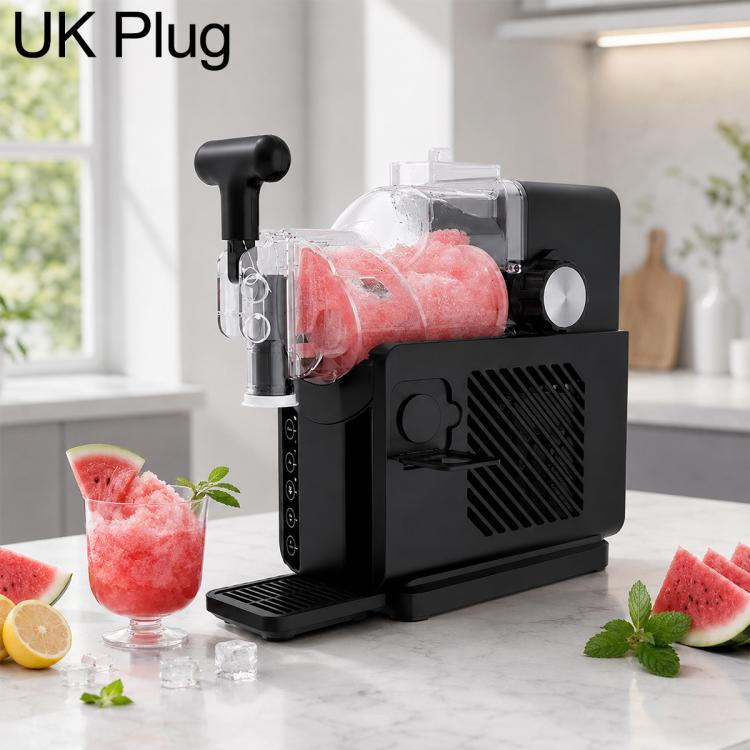 Black automatic shaved ice machine with UK plug, clear ice chute and front dispensing spout