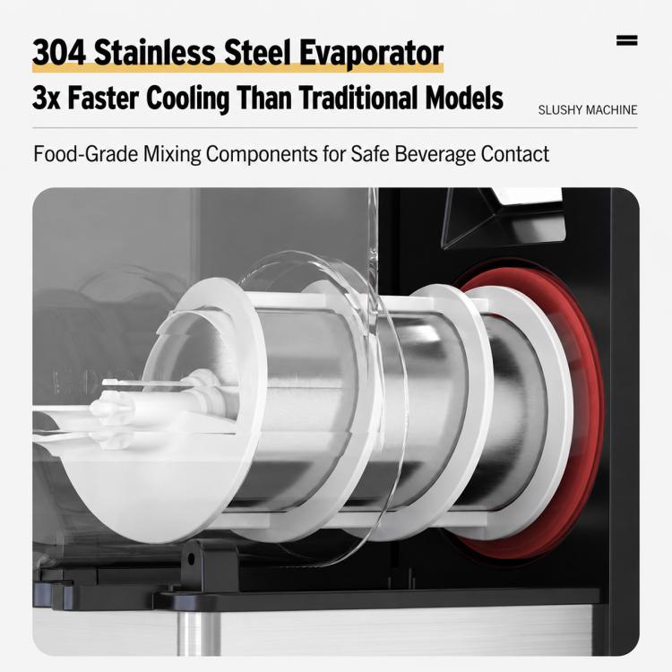 Shaved ice machine evaporator with 304 stainless steel cooling and mixing chamber close-up