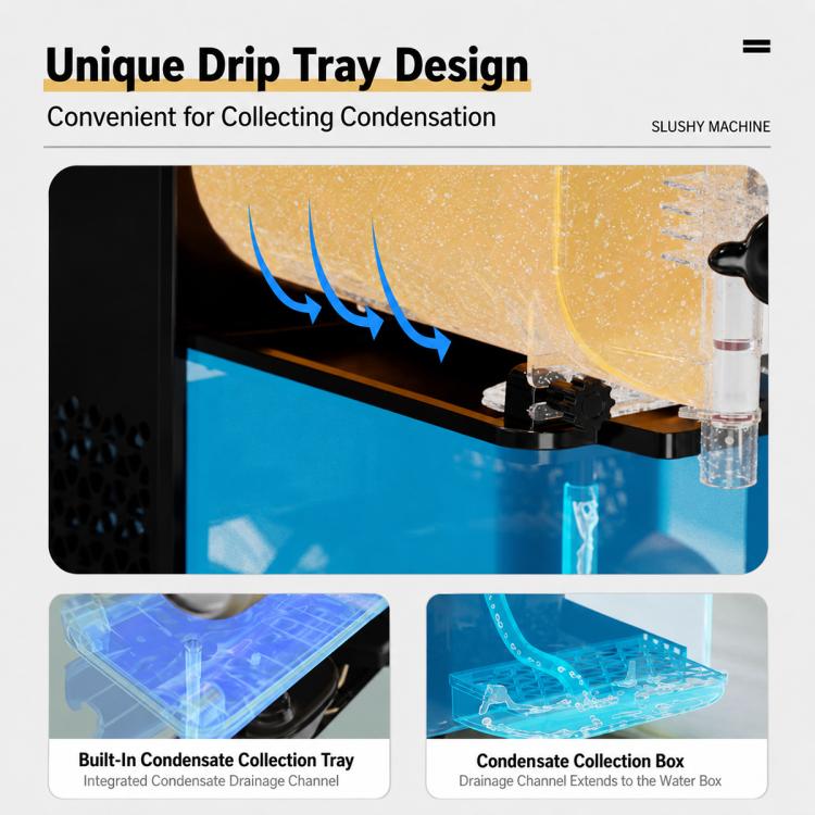 Shaved ice machine with drip tray and condensate collection channels for mess-free use