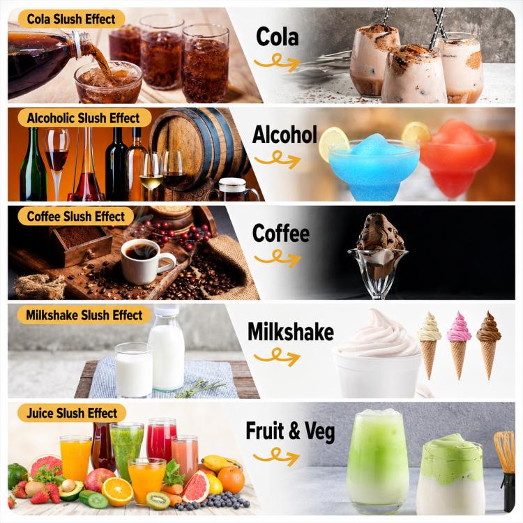 Shaved ice machine slush drink variety, including cola, alcohol, coffee, and milkshake