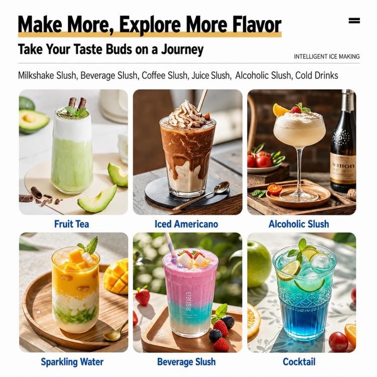 Shaved ice machine beverage slush variety with fruit tea, iced americano, and cocktails