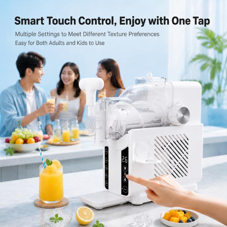 White automatic shaved ice machine with touch control panel, hand dispensing shaved ice