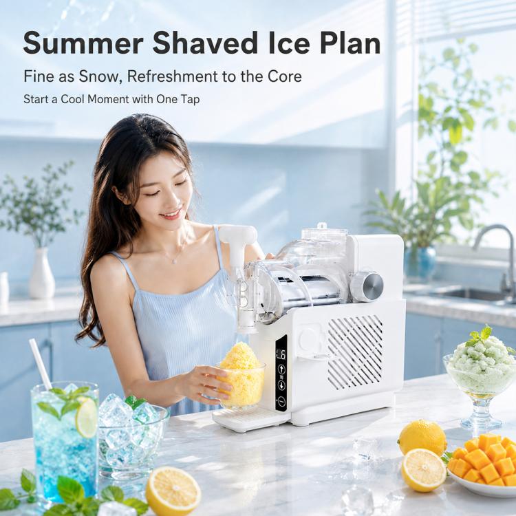 White automatic shaved ice machine dispensing shaved ice, woman serving a drink