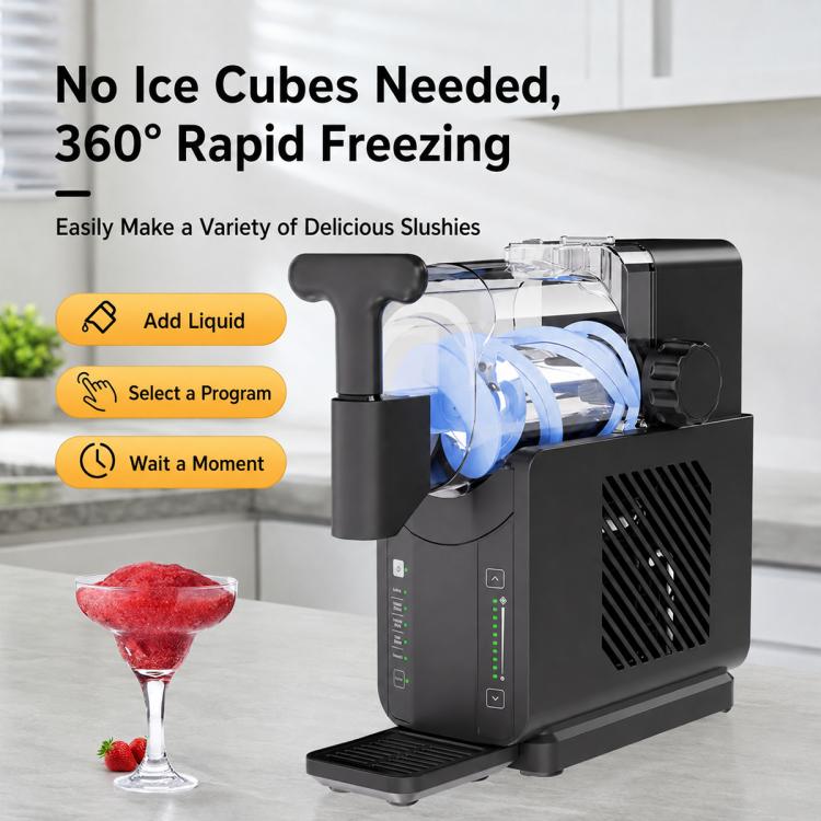 Black shaved ice machine with front control panel and output chute on countertop