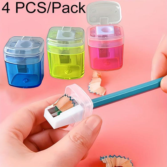 Single-hole manual pencil sharpener with clear cap, held open with colored body
