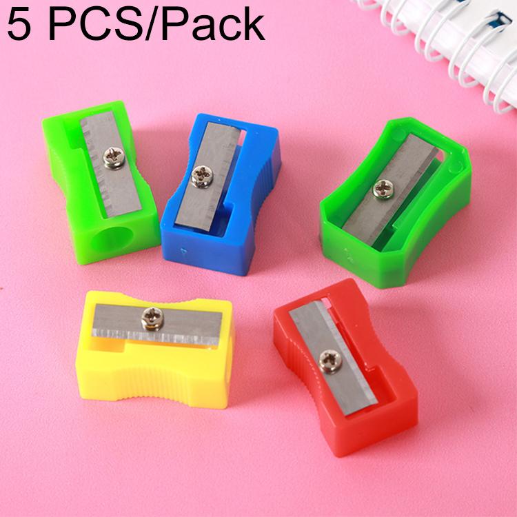 Bright plastic single-hole pencil sharpeners, 5-pack set with exposed blades