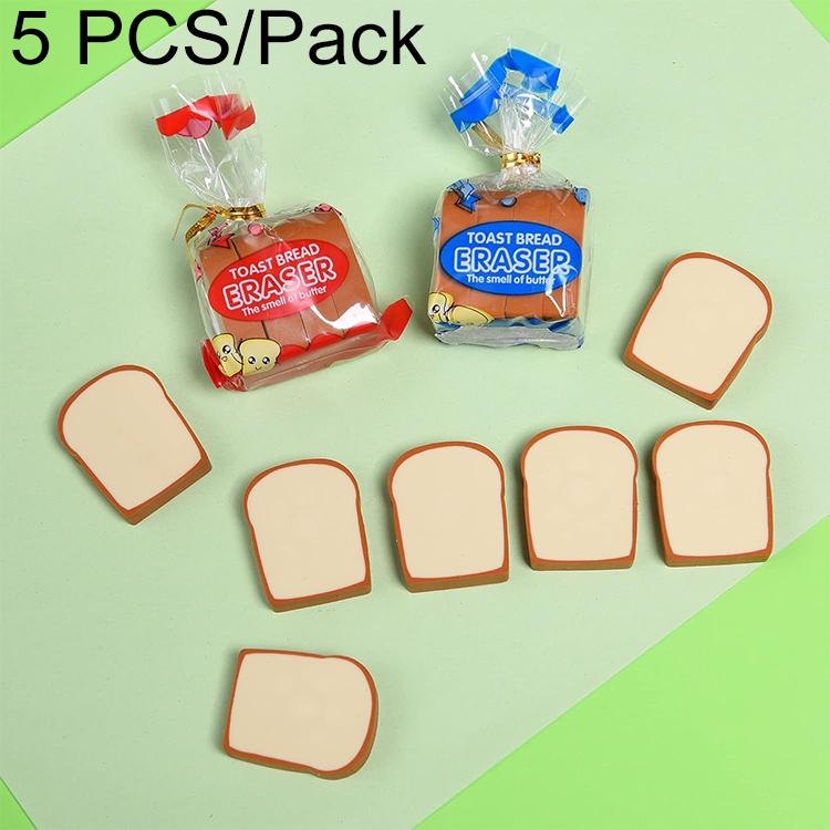 Toast bread eraser set with small packaged pieces and standalone toast slice erasers.