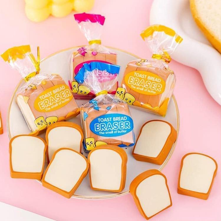 Tray of toast bread eraser packs with several foam slice erasers in orange-brown edges.
