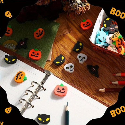Halloween eraser set with small cartoon shapes, including pumpkins, ghosts, and bats