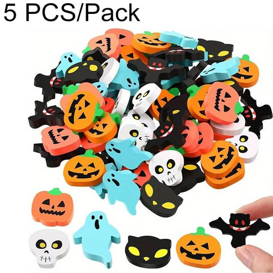 Set of 5 cute Halloween cartoon erasers in pumpkins, ghosts, cats, and bats