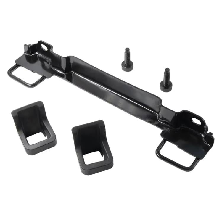 Black metal child seat mounting bracket with bolts and mounting clips kit