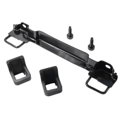 Black metal child seat mounting bracket with bolts and mounting clips kit