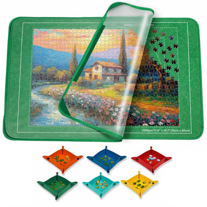 Foldable green puzzle mat with landscape jigsaw print, open with carry strap and small sorting trays