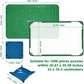 Green foldable puzzle mat with size diagram, plus included corner stand and puzzle piece tray