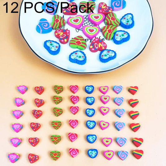 Heart-shaped Valentine eraser set, multicolor swirls and icons