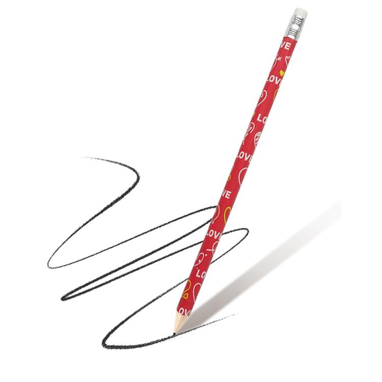 Red Love-pattern eraser pencil with silver ferrule and eraser tip