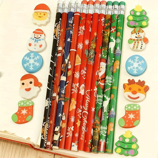 Holiday-themed eraser pencil pack with orange, green, and black prints