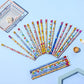 Fan of multicolor holiday eraser pencils with printed scenes and tips