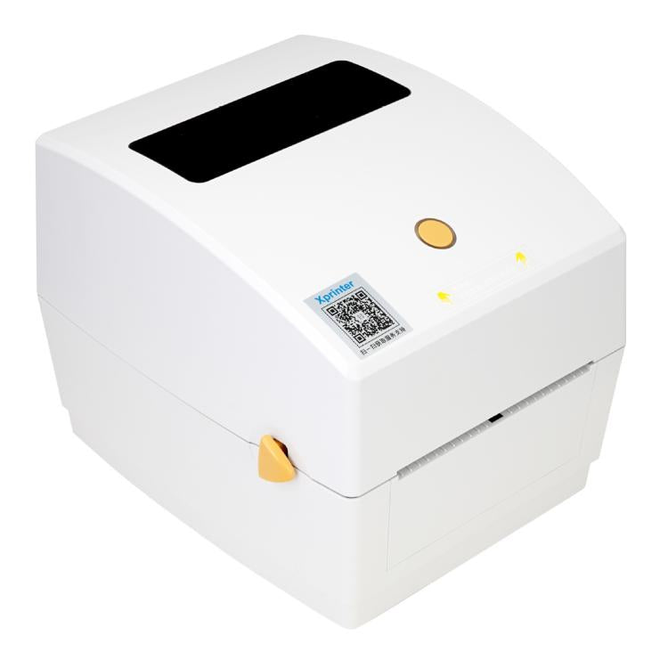 Desktop thermal label printer with top window and visible side panel slot, white body