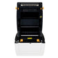 Open desktop thermal label printer showing internal print mechanism and label tray