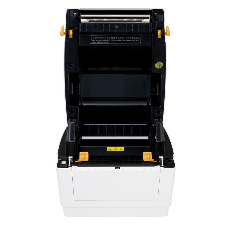 Open desktop thermal label printer showing internal print mechanism and label tray