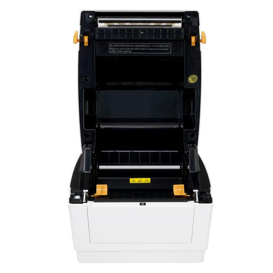 Open desktop thermal label printer showing internal print mechanism and label tray