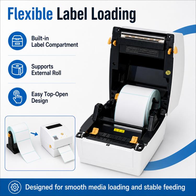 Thermal label printer with open top compartment and visible label roll inside