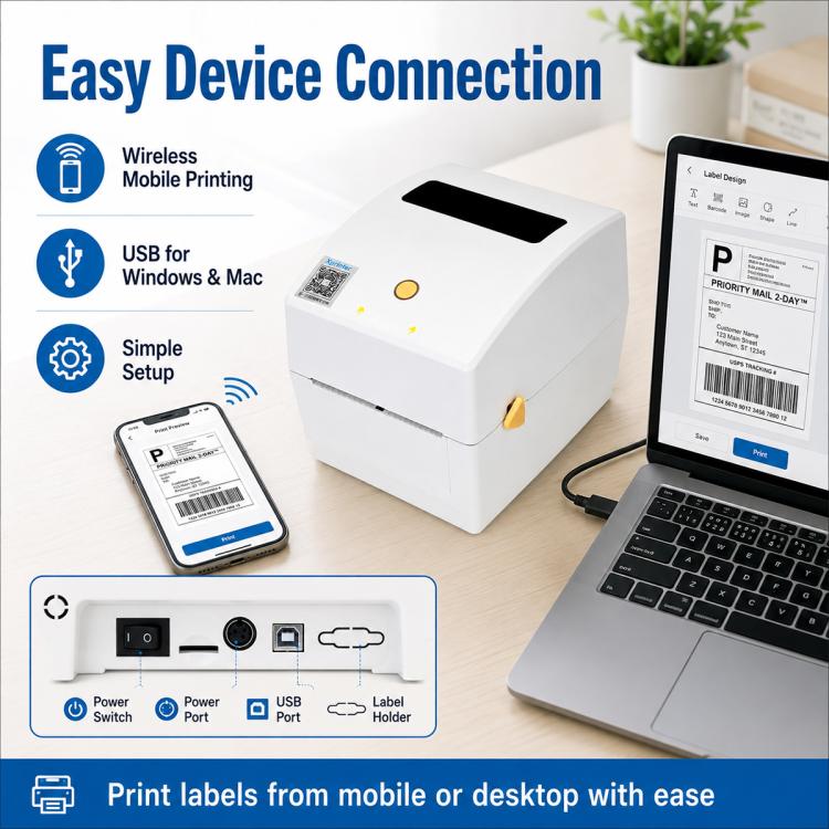 White desktop thermal label printer with front indicators and a printed label