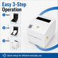 White desktop thermal label printer with top window and front loading area