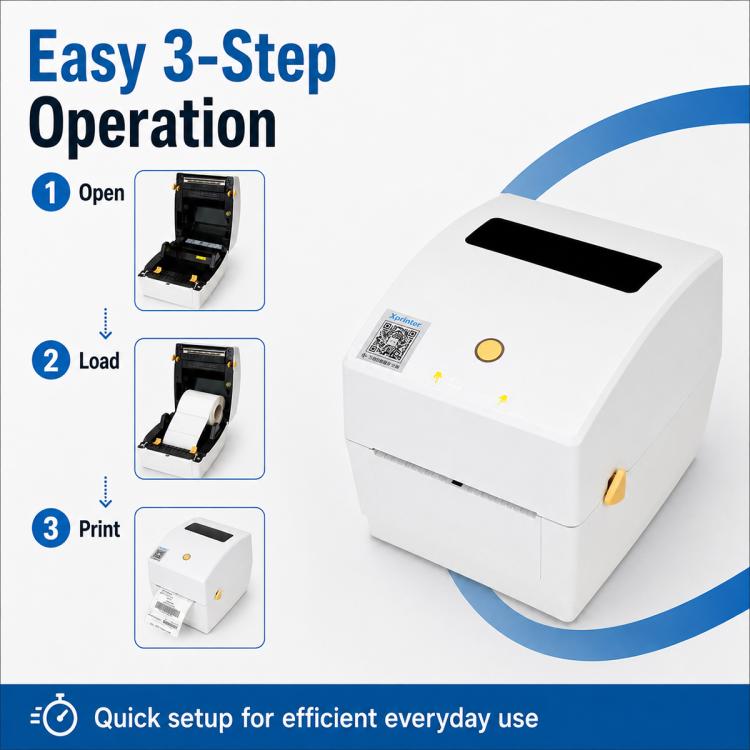 White desktop thermal label printer with top window and front loading area