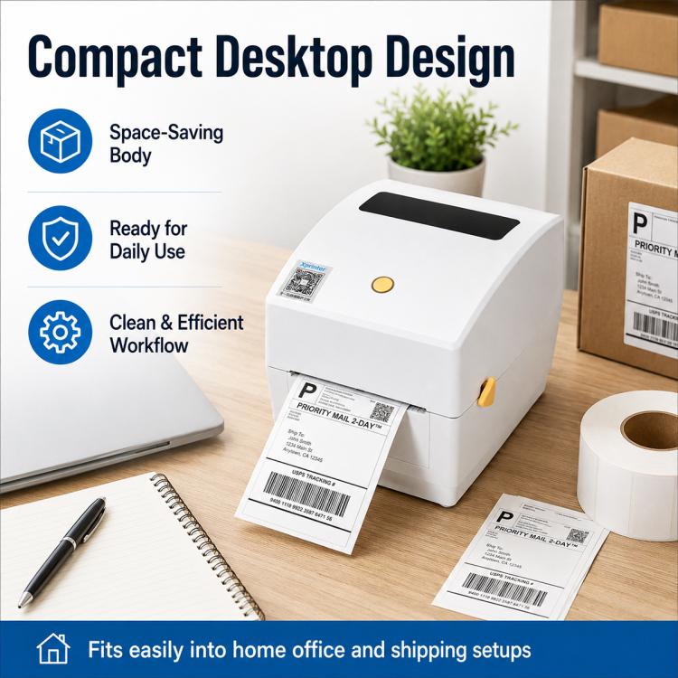 Compact desktop thermal label printer with top window and front status button