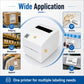 White desktop thermal label printer centered with top window and front control