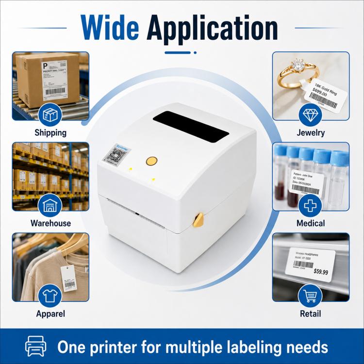 White desktop thermal label printer centered with top window and front control
