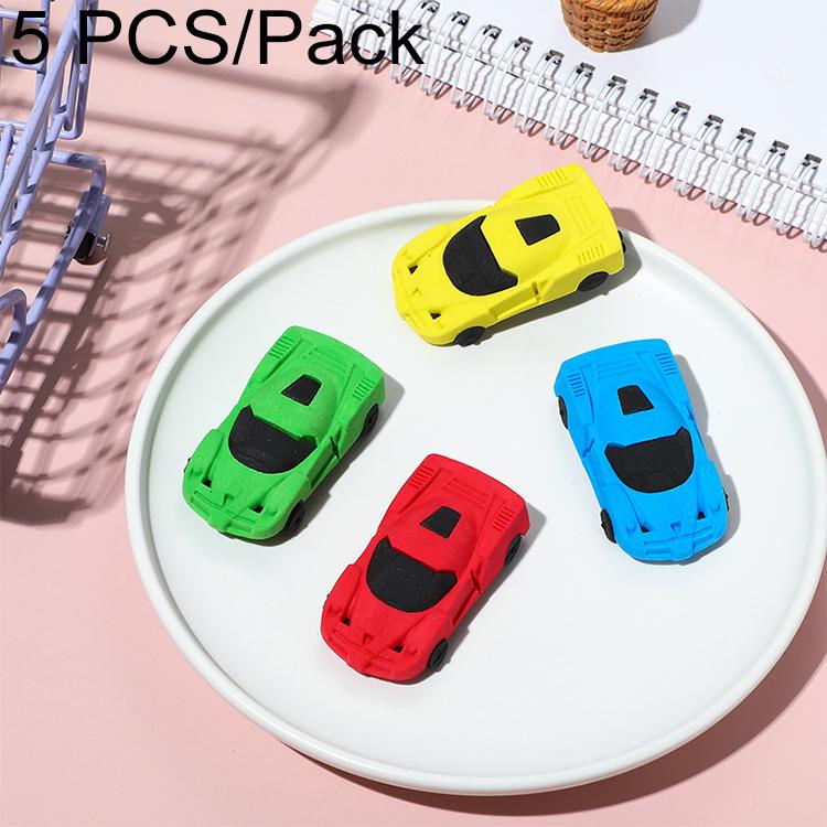 3D car-shaped erasers on tray in green, yellow, red, and blue