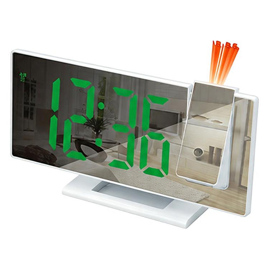 White shell mirror projection digital alarm clock with large green LED time display