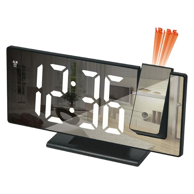 Black shell mirror projection digital alarm clock with large white LED time display