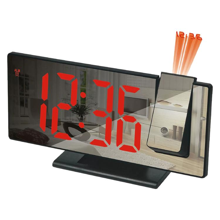 Black shell mirror projection digital alarm clock with large red LED time display