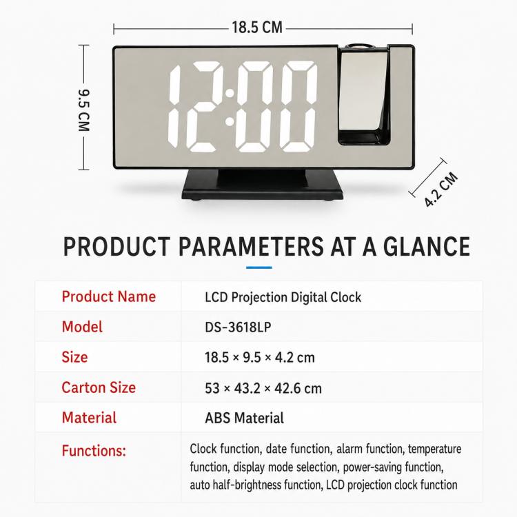Mirror projection digital clock with white LED digits, front view with side module