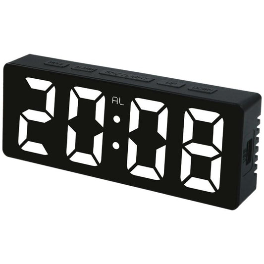 LED digital alarm clock with white 5-digit display on black housing