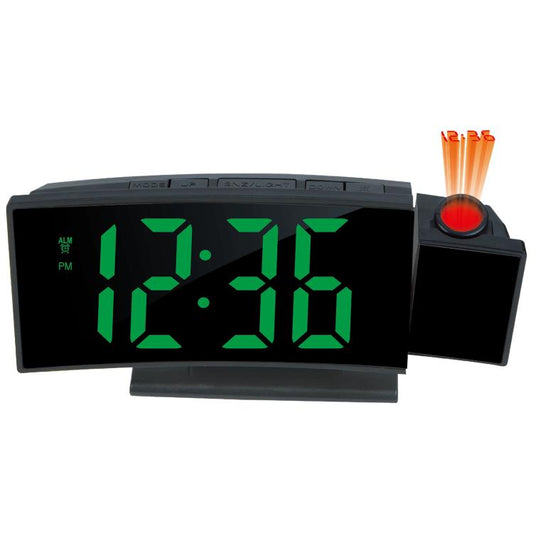 Black LED projection alarm clock with green 11:34 display