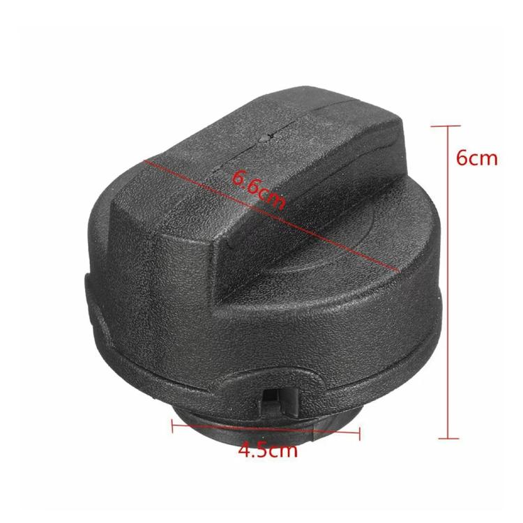 Black fuel tank cap, close-up with size callout