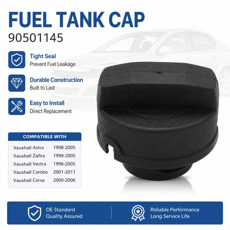 Black fuel tank cap, front view with textured surface