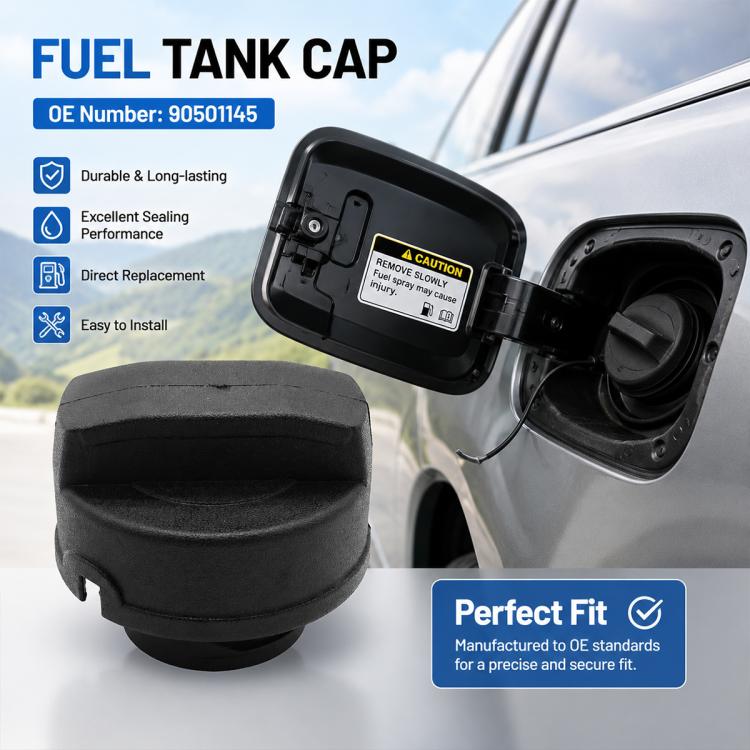 Black fuel tank cap with open flap and label panel