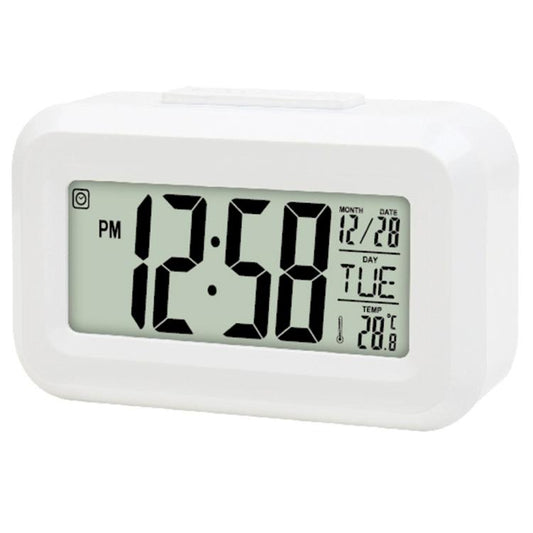 White LCD backlit calendar clock displaying time, month, date, and day of week