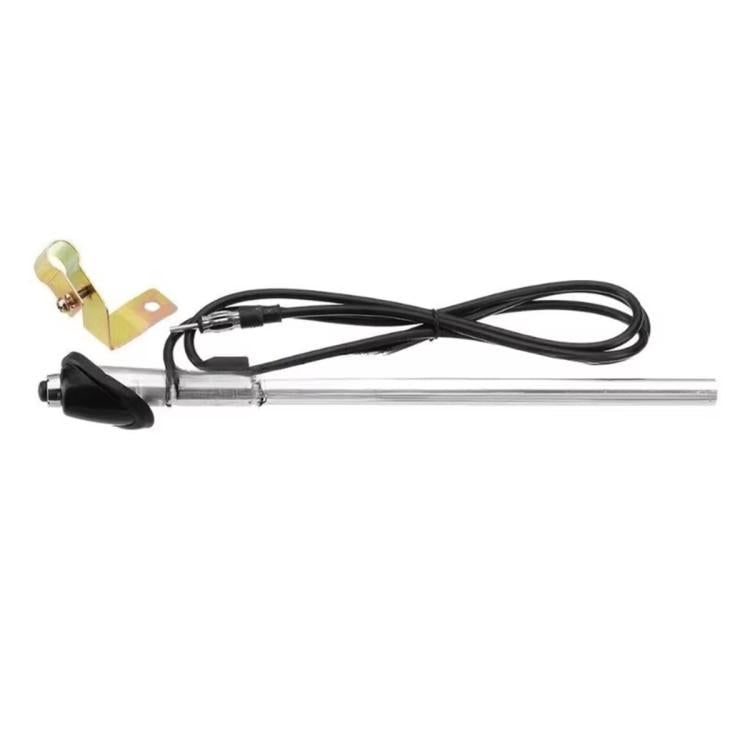 Car radio antenna with chrome rod, black base, wire harness, and mounting bracket