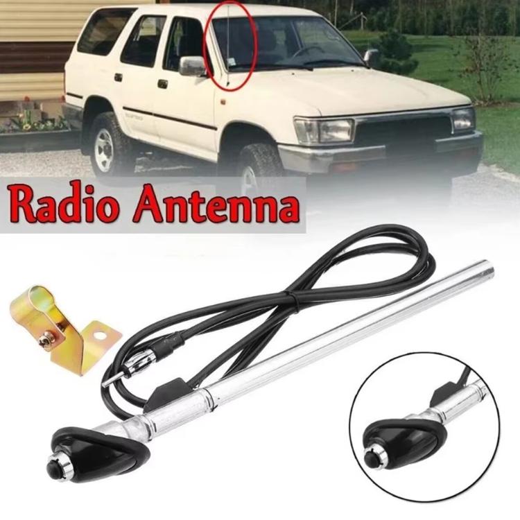 Car radio antenna kit with chrome rod, black base, and wire harness for pickup